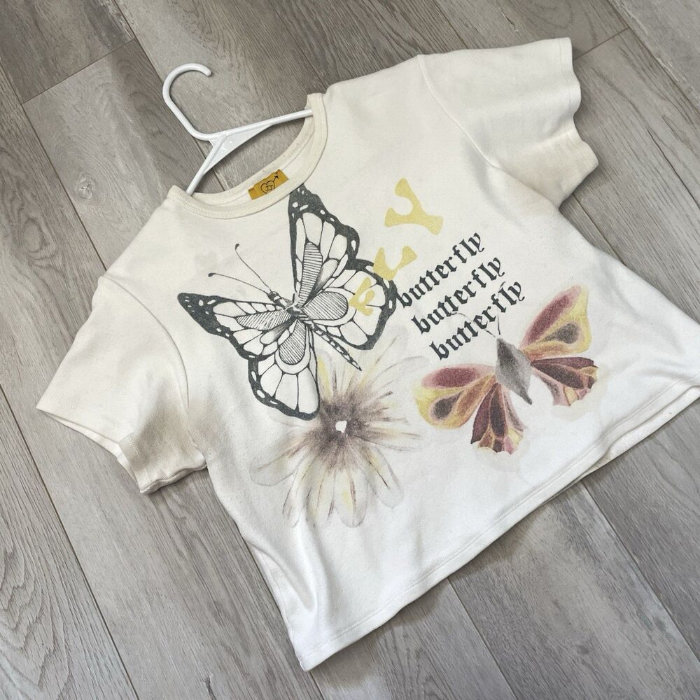Juliet Johnstone Tshirt cotton butterfly graphic crop womens Cream (large) girly